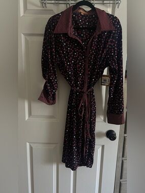 Ellen Tracy Black Shirt Dress with Pink Polka Dot Print and Tie Waist